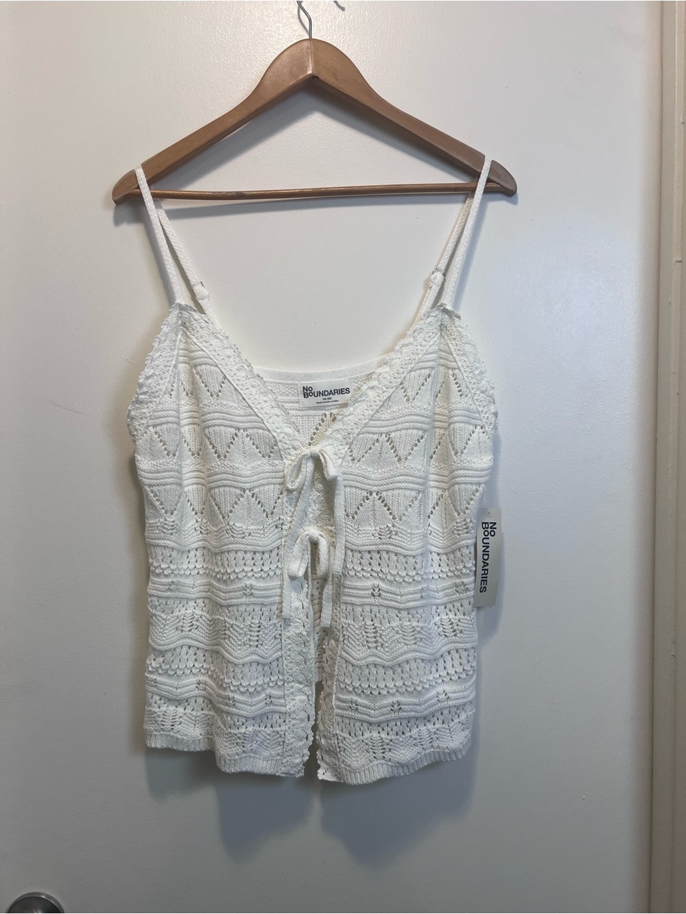 NWT No Boundaries XXL White Pointelle Knit Tie Front Cami Boho Coquette